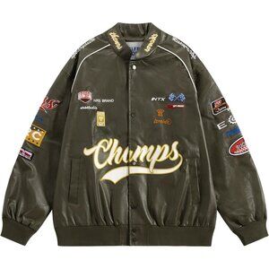 Unisex Green Aelfric Eden Faux Leather Racing Jacket Oversized Biker Street wear